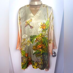 Sana Safinaz Tan/Multicolored Gorgeous ArtsySilk Floral Bird Print Dress M*FLAWS